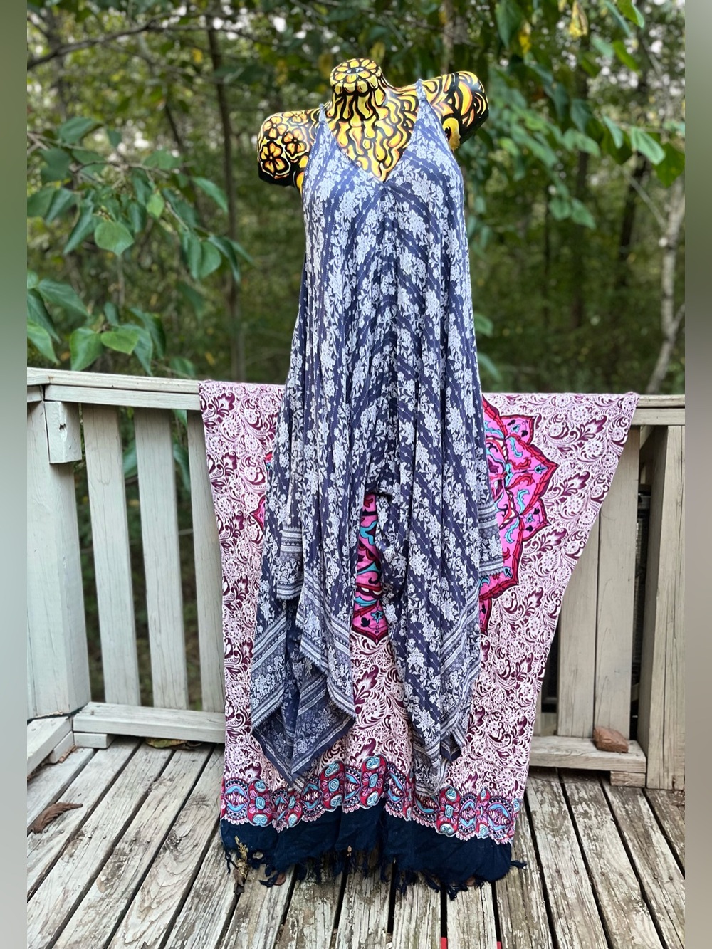 Japna Blue and White Asymmetrical Boho Handkerchief Dress